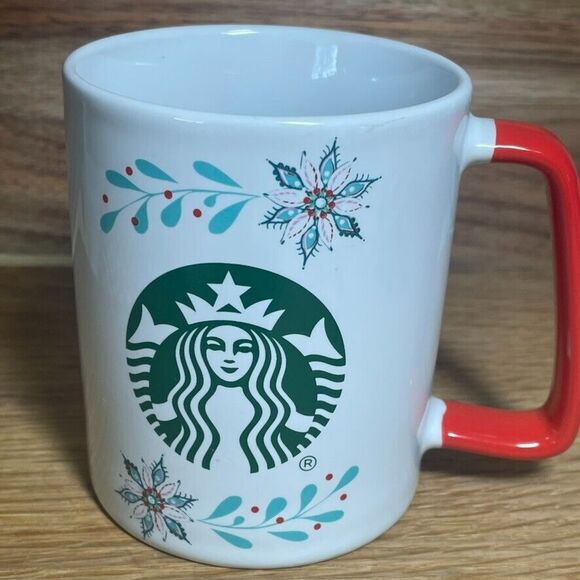 2 Starbucks 2020 Poinsettia Mistletoe Logo Holiday Red Handle Christmas Mug Pair - Picture 4 of 13